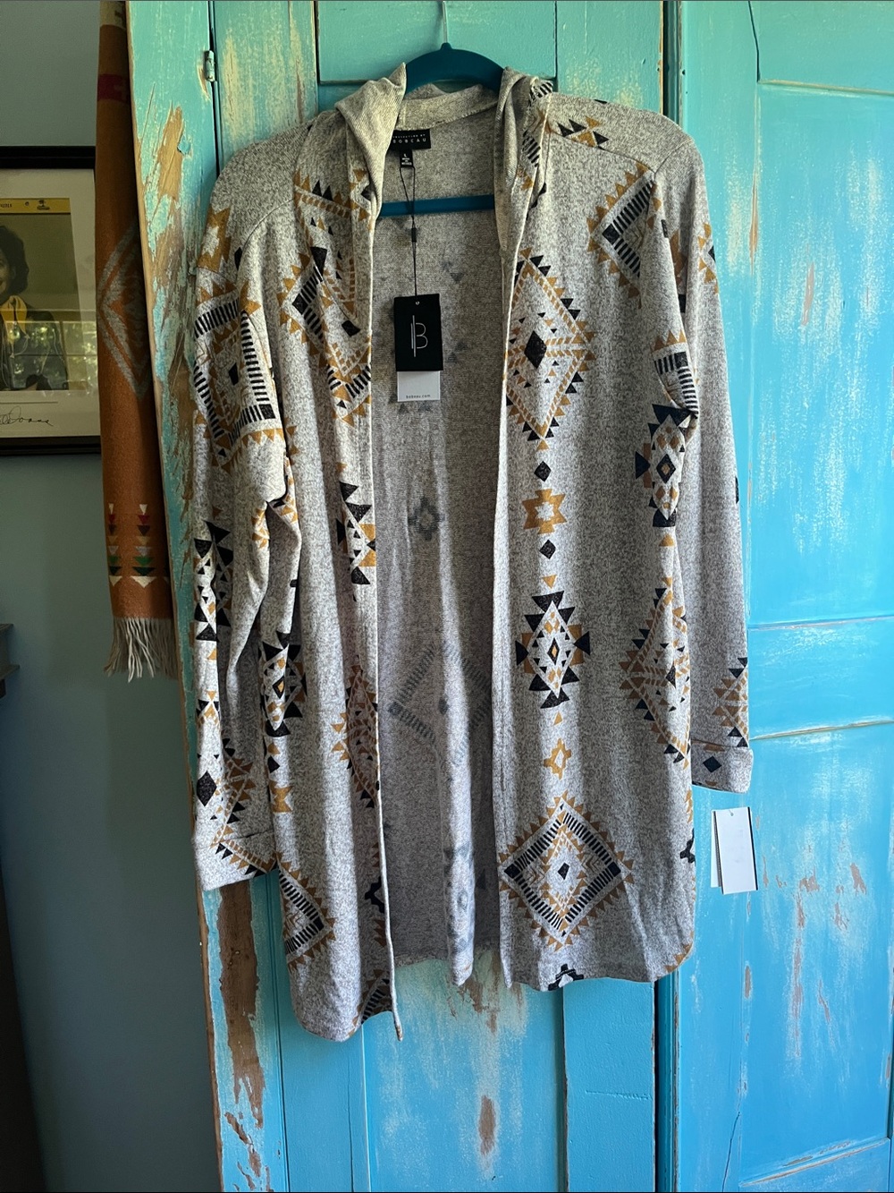 Lord & Taylor Gray Aztec-Print Hooded Open Cardigan with Black & Tan Accents